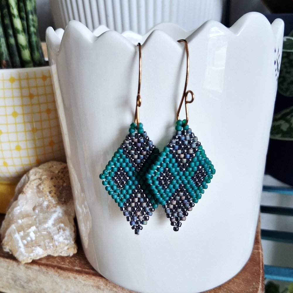 BOGO EARRINGS Green Beaded Diamond Bead Earrings, 2.5"